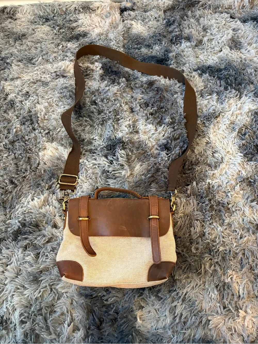 Anthropologie Jesslyn Blake Canvas Leather Messenger Bag Brown Satchel Striped